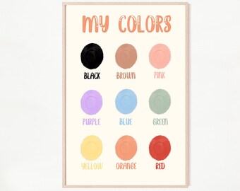 May include: A colorful chart with the word "My Colors" at the top. The chart shows nine different colored circles with the name of the color written below each circle. The colors are black, brown, pink, purple, blue, green, yellow, orange, and red.