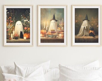 Halloween Wall Art Set of 3 Halloween Ghost Art Poster Halloween Decor Bundle Art Cat Halloween Art Trendy Ghost Art Cute Halloween Art