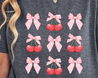 Coquette Pink Bows Shirt Womens Easter Shirt Coquette Aesthetic Cherries Shirt Spring Shirt Teacher Shirt Gifts for Her
