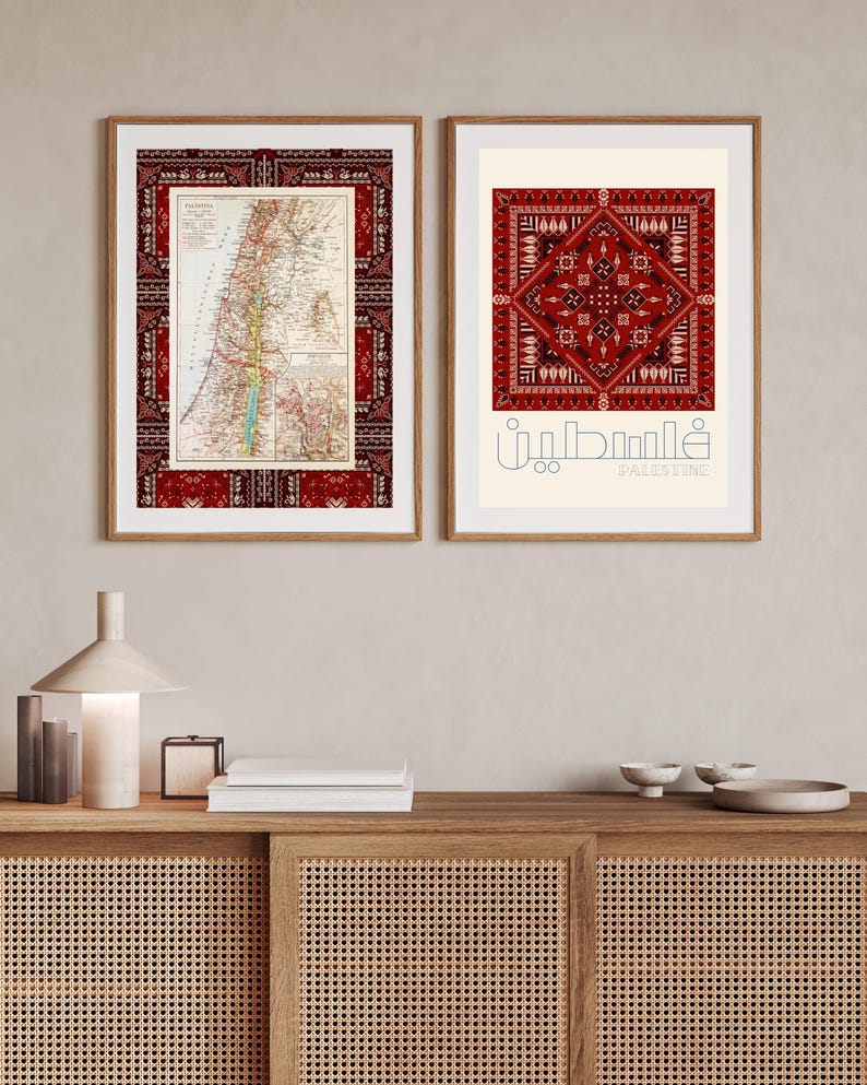 May include: Two framed prints with a red and black patterned border. The print on the left is a vintage map of Palestine. The print on the right features a red and black geometric pattern with the word "Palestine" in Arabic script.