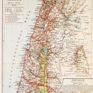 May include: A vintage map of Palestine, showing the region's geography and cities. The map is in brown, green, and red tones, with labels in German. The map includes the cities of Jerusalem, Jaffa, and Saida.