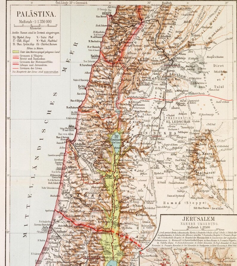 May include: A vintage map of Palestine, showing the region's geography and cities. The map is in brown, green, and red tones, with labels in German. The map includes the cities of Jerusalem, Jaffa, and Saida.