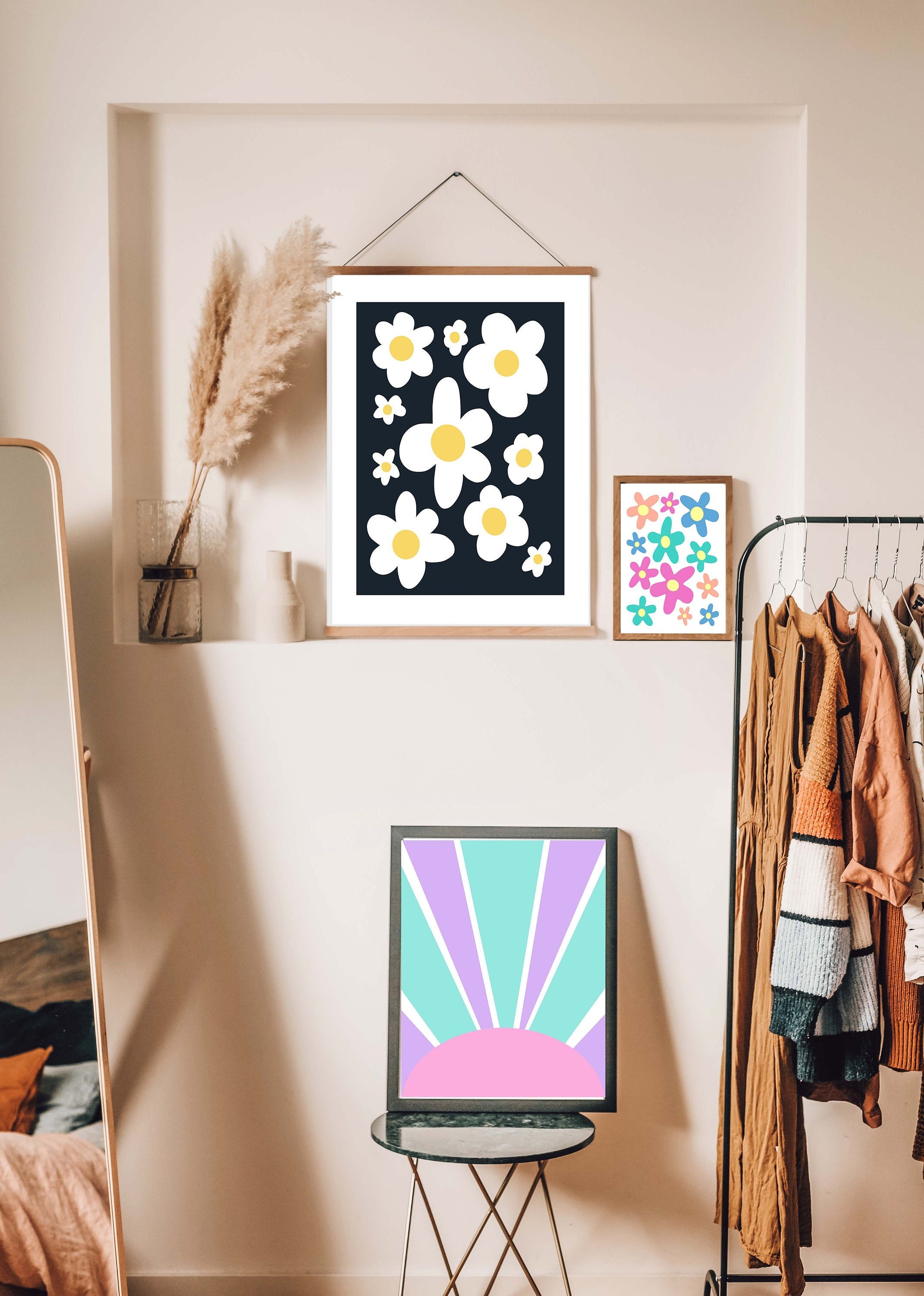 Black White Yellow Daisies Printable Wall Art Minimalist Etsy