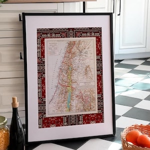 Palestine Map Poster Vintage Map Wall Artwork Arabic Wall Art Palestinian Tatreez Pattern Printable Middle Eastern Wall Art Decor