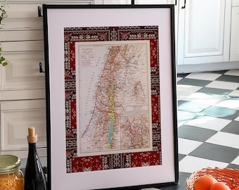 Palestine Map Poster Vintage Map Wall Artwork Arabic Wall Art Palestinian Tatreez Pattern Printable Middle Eastern Wall Art Decor