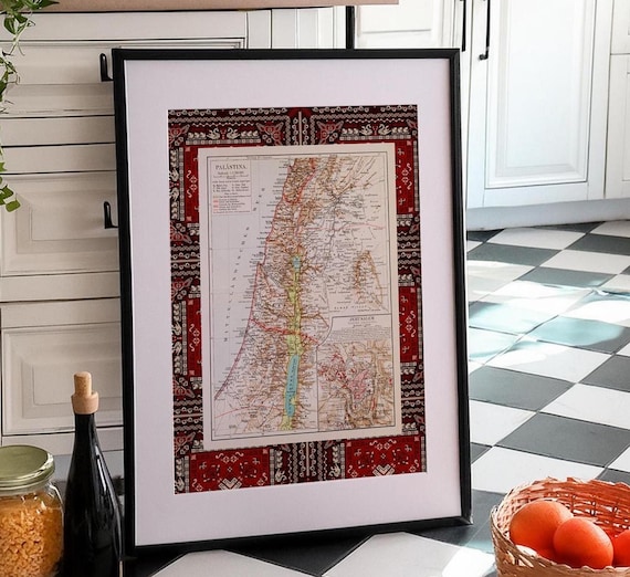 Palestine Map Poster Vintage Map Wall Artwork Arabic Wall Art Palestinian Tatreez Pattern Printable Middle Eastern Wall Art Decor