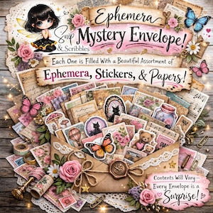 May include: A mystery envelope filled with assorted ephemera, stickers, and papers. The envelope features a wax seal, lace trim, and floral accents. Text reads: Ephemera Mystery Envelope! Snip & Scribbles, Each One is Filled With a Beautiful Assortment of Ephemera, Stickers, & Papers!, Contents Will Vary—Every Envelope is a Surprise!