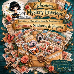 Mysteriefylld kuvert skräpjournal Ephemera, klistermärken, papper och mer, scrapbook-ephemera