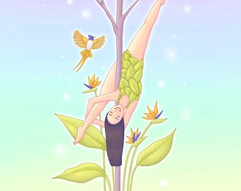 Digital Download, Printable Illustration, Bird of Paradise, Pole Dancer Print, Gymnast, Aerialist, Stripper, Print at Home, Pastel Wall Art