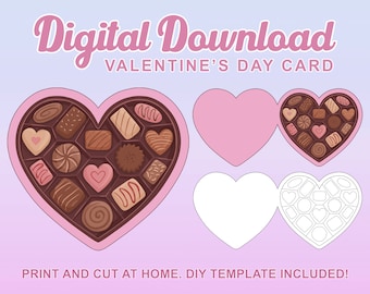 Printable Valentine's Day Card, Digital Valentine Template, DIY Valentine Crafts, Heart Box of Chocolates, Coloring Page, Anniversary Card