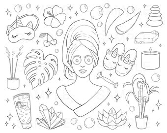 Spa Day Printable Coloring Page, Self Care Coloring Page, Self Love, Digital Adult Coloring Page, Line Art, Relaxing, Transparent PNG, JPEG
