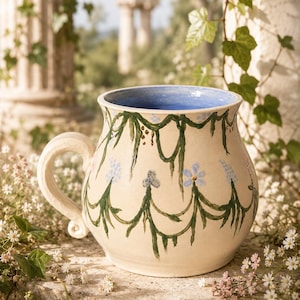 May include: A ceramic mug with a cream-colored exterior featuring hand-painted green swags and small blue floral accents. The interior of the mug is glazed in a solid light blue. It has a curved handle and a rounded, bulbous body shape.