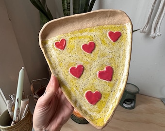 Cute Pizza Plate, Handmade Pizza Slice Shaped Plate with Pepperoni Hearts