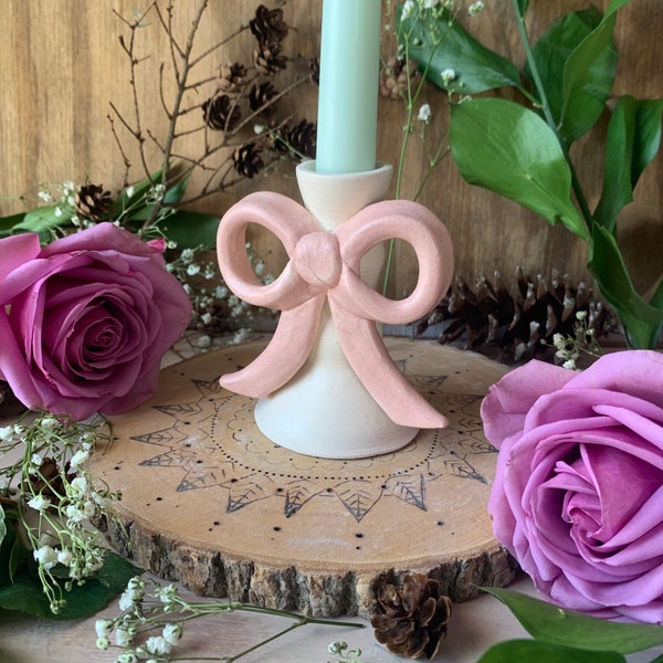 Pink Bow Coquette Candle Holder • Handmade Pottery Ceramic Handle Stick Holder