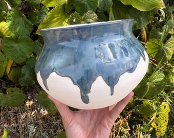 Big Blue Drippy Plant Pot, Unique Handmade Pottery Plant Vase, Ceramic Porcelain Centerpiece Bowl