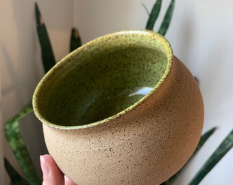 Green Speckled Cauldron Bowl • Handmade Pottery Plant Pot Dish