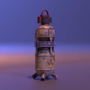 Op de afbeelding: Een roestige, gele en bruine metalen container met een rood deksel en een zwart en geel stralingsymbool. De container heeft een reeks metalen ringen rond het midden en drie poten aan de onderkant.
