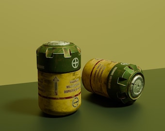 May include: Two green and yellow cylindrical canisters with warning labels and a plus sign. The canisters have a textured surface and a metal cap.