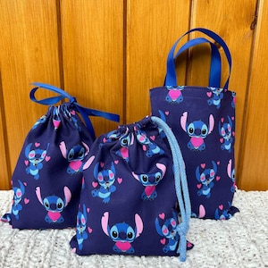 Borse regalo/party Stitch fatte a mano. Favolose borse ricordo in cotone. Scelta di dimensioni. Borse in cotone ecologiche e lavabili. Realizzate nel Regno Unito.