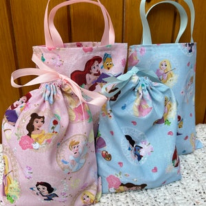 Handmade Disney Princesses party/gift bags. Fabulous keepsake bag. Choice  of size and colour Washable, reusable  cotton bag. UK made.