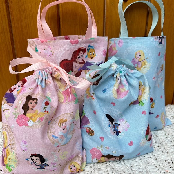 Handmade Disney Princesses party/gift bags. Fabulous keepsake bag. Choice  of size and colour Washable, reusable  cotton bag. UK made.