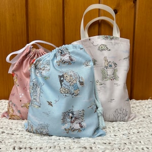 Peter Rabbit & friends 100% cotton gift/ party bags. Fabulous keepsakes. Choice of style and size. Sustainable, washable bags. UK handmade.
