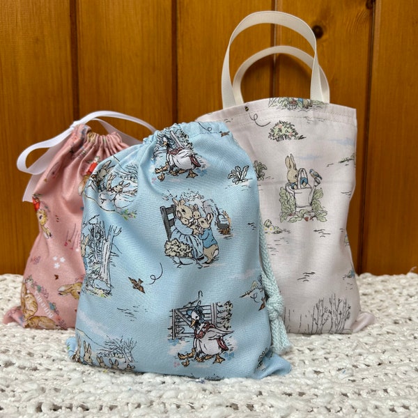 Peter Rabbit & friends 100% cotton gift/ party bags. Fabulous keepsakes. Choice of style and size. Sustainable, washable bags. UK handmade.