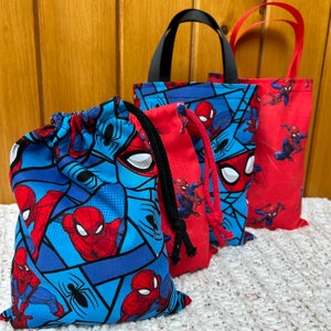Handmade Spiderman party/gift bags. Fabulous keepsake bags. Choice of size, colour and style. Reusable, washable 100% cotton bag. UK made.