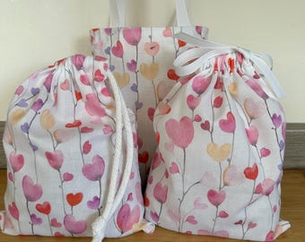 Cotton Love Heart Gift Bag: Handmade Keepsake Bags, UK made.