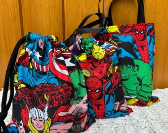 Handgemachte Marvel-Geschenktüte, wiederverwendbares Baumwoll-Gastgeschenk, hergestellt in Großbritannien