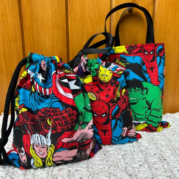 Handmade Marvel party/gift bags. Fabulous keepsake bags. Choice of size and style. Sustainable, washable cotton bag. UK made.
