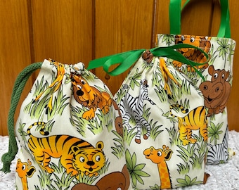 Handmade Jungle Animals Party Bags: Reusable Cotton Keepsake. UK made.