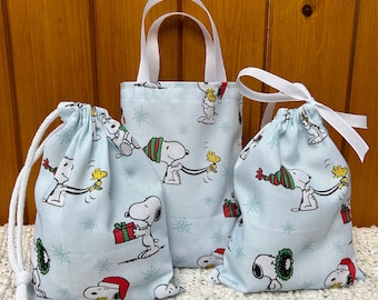 Snoopy Christmas Gift Bag, Cotton Keepsake, Reusable Handmade UK