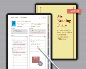 Digital Reading Journal Diary Planner Goodnotes Hyperlinked  Book Log Tracker Bookshelf | 88 decorative stickers