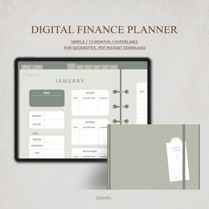 May include: Digital finance planner displayed on a tablet and a physical notebook. The tablet shows a January page with sections for goals, income, and savings. The notebook is sage green with a tag that says "Finance Planner".