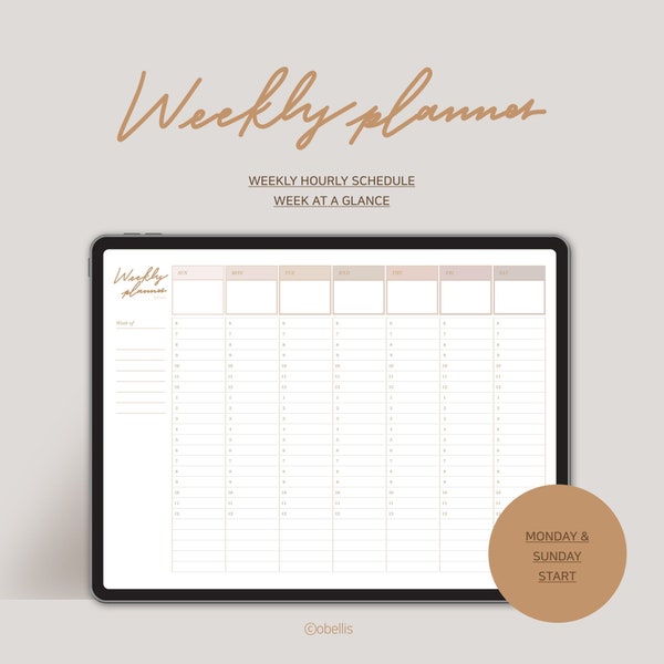 24 Hour Weekly Planner Digital Downolad, Weekly Agenda, iPAD Goodnotes planner, Weekly Schedule page, Week at a glance, Mon & Sun Start