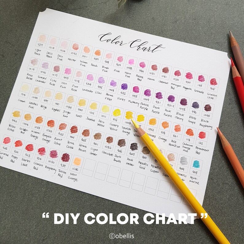 May include: A color chart with handwritten labels and color swatches, including shades of pink, purple, yellow, and orange. A yellow pencil rests on the chart. The text "DIY COLOR CHART" is at the bottom.