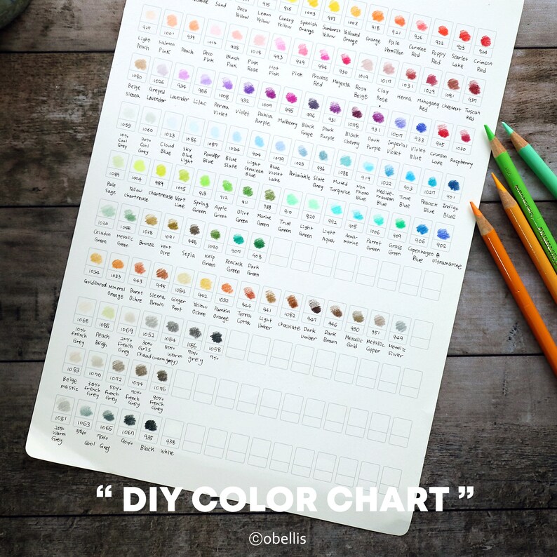 May include: A DIY color chart with a grid of color swatches, each labeled with a color name and number. The chart includes a variety of colors, from light pink to dark brown. The text "DIY COLOR CHART" is at the bottom.