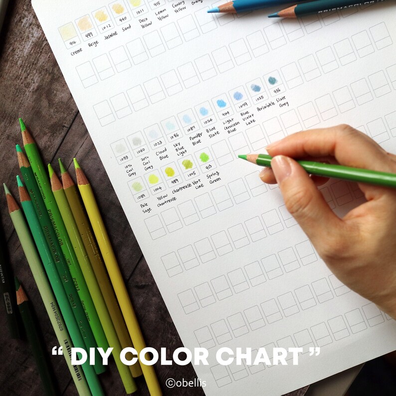 May include: A DIY color chart with a hand holding a green colored pencil, filling in a square. Various colored pencils in shades of green and yellow are arranged on the left. The text "DIY COLOR CHART" is at the bottom.