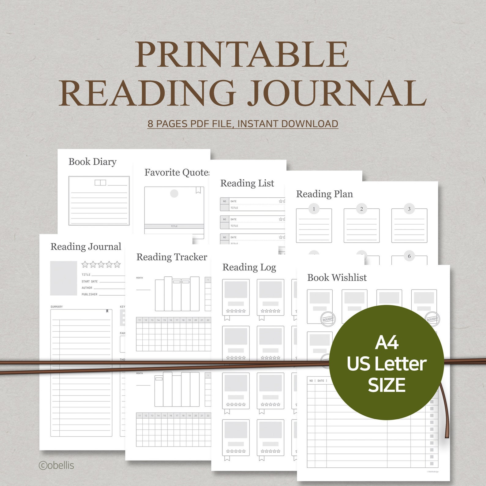 Reading Journal Printable PDF Digital Book Planner Tracker Reading Log