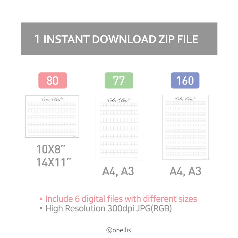 May include: Digital download graphic featuring three color charts with the text "Color Chart." The image includes the text "1 Instant Download Zip File." The color charts are labeled with the numbers 80, 77, and 160. The image also includes the text "10X8" 14X11"" and "A4, A3."
