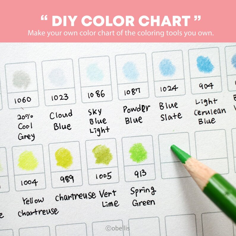 May include: A DIY color chart with numbered color swatches and handwritten color names. The chart includes shades of blue, green, and yellow, with a green colored pencil in the lower right corner. Text at the top reads "DIY COLOR CHART".