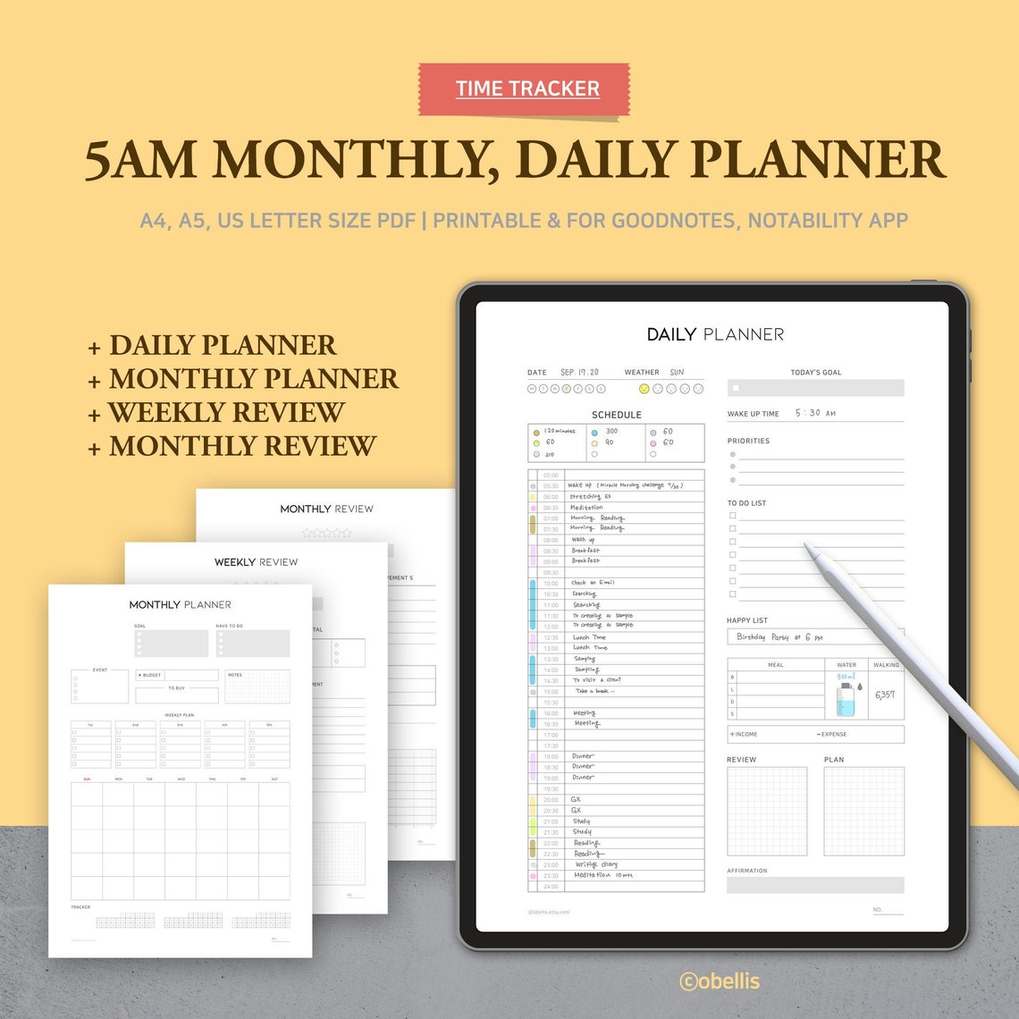 5AM Monthly Daily Planner Digital Half Hour Weekly Monthly Etsy