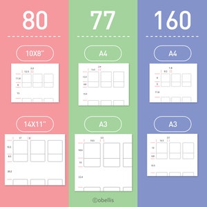 May include: An infographic with three columns, each with a different color background: pink, green, and blue. Each column displays measurements for different paper sizes, including 10x8 inches, A4, and A3, with dimensions in inches and centimeters.