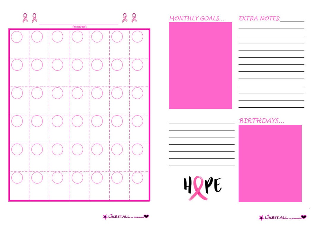 Size A5 Breast Cancer Calendar / Planner / Journal Pages Etsy