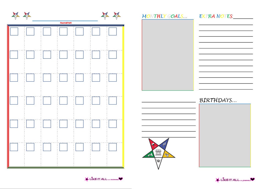 Size 8 1/2 X 11 Eastern Star Calendar / Planner / Journal Pages Etsy