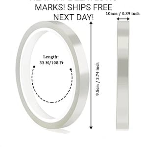 May include: Clear sublimation heat tape, 108 feet long, 0.39 inches wide. The tape is shown rolled up and unrolled.  The tape is designed to leave no marks when used for sublimation.