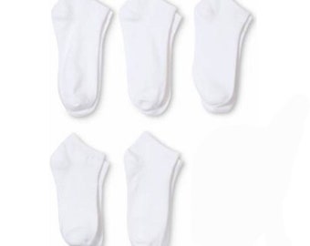 Sublimation No Show Ankle Socks, 5 pairs, all white. 98% Polyester. Includes Sock Jig. Ships free next business day!