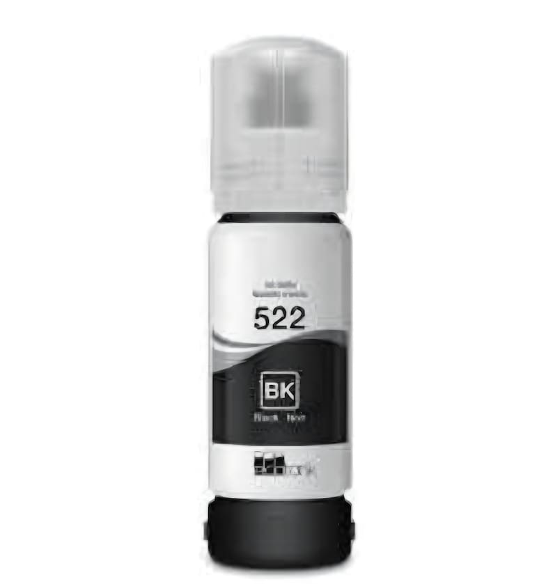 May include: A black ink refill bottle featuring a clear plastic cap and a white label with the number 522 printed in black. The label includes a black rectangular graphic with the letters BK and the text Black Ink printed in white.
