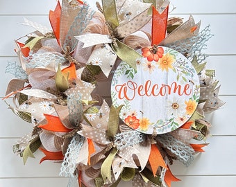 NEW Ready to Ship, Everyday Classic Neutral Wreath, Orange Green and Light Blue Ribbon Wreath, Hostess Gift, Someone Special